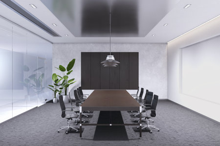Side view of modern empty boardroom interior with office desk and chairs, matte glass wall and gray...
