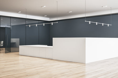 Simple concrete and wooden office lobby interior with various items. 3D Renderingの写真素材