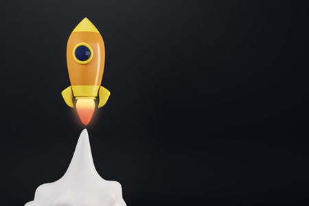 Creative cartoon rocket flying on black background with mock up place. Start up and new beginning concept. 3D Renderingの写真素材