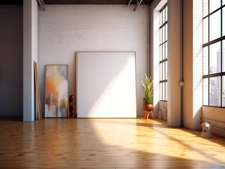 Front view of blank white picture frame on light brick wall background in a modern loft interior with wooden floor, mockup. Generative AIの素材