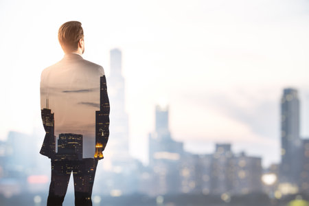 Successful young business an silhouette on blurry city background with mock up city view. Future and financial freedom concept. double exposureの写真素材