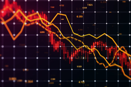 Creative falling forex chart with index on blurry dark background. Crisis and declining trade concept. 3D Renderingの写真素材