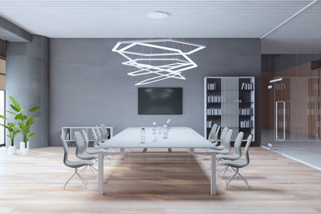 Clean loft meeting room interior with furniture, equipment, various other objects and daylight. 3D...