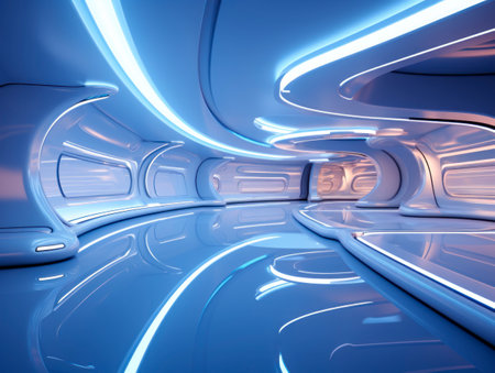 Futuristic corridor interior design with glowing lights. Generative AIの素材