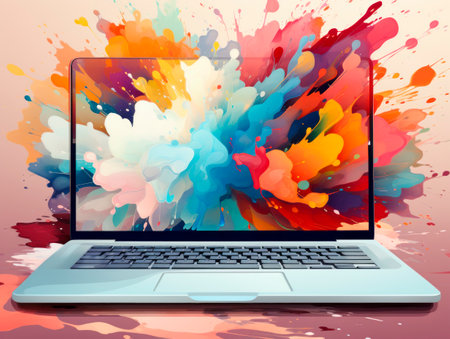Laptop with colorful paint splashes on abstract background. Generative AIの素材