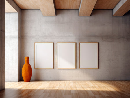 Modern gallery interior with empty frames on concrete wall. Mock up. Generative AIの素材