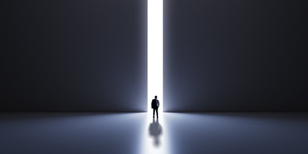 Back view of man silhouette in abstract concrete interior with line opening in wall, shadow and mock up place. Success, financial growth and future conceptの写真素材