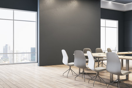 Contemporary meeting room interior with empty mock up place on wall, furniture and window with city...