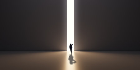 Back view of businesswoman silhouette in abstract concrete interior with line opening in wall, shadow and mock up place. Success, financial growth and future conceptの写真素材