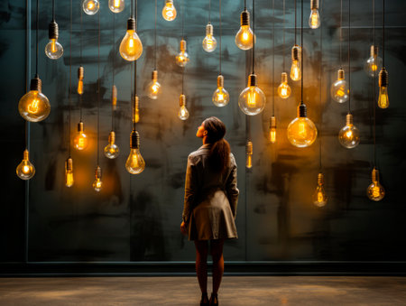 One woman stands looking at the light bulbs hanging down, idea concept. Generative AIの素材