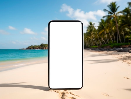 Mobile phone with blank screen on tropical beach background. Mockup. Generative AIの素材