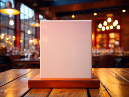Blank white menu board on wooden table in restaurant, mock up. Generative AIの素材