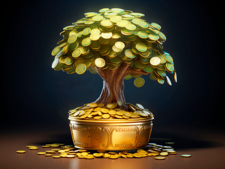 Money tree growing out of gold coins. Business concept. Generative AIの素材