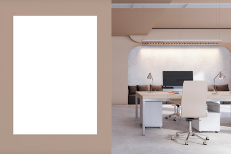 Contemporary coworking office interior with empty white mock up banner, furniture and equipment. 3D Renderingの写真素材