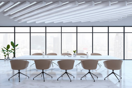 Clean concrete stylish meeting room interior with window and city view, furniture and various other objects. 3D Renderingの写真素材