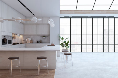 Modern white and wooden spacious kitchen interior with ceiling window with city view, equipment and daylight. 3D Renderingの写真素材