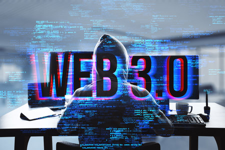 Back view of hacker at desktop using laptop with creative glowing web 3.0 hologram on blurry background. Metaverse and digital network concept. double exposureの写真素材