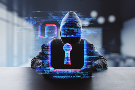 Hacker at desk using laptop with creative digital safety hologram on blurry office interior...