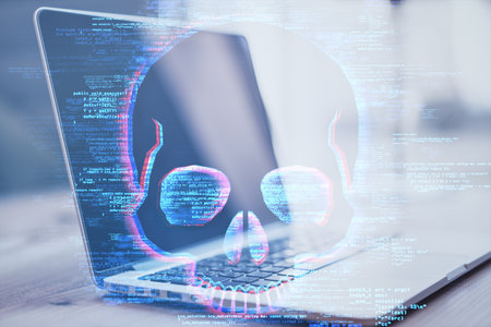 Close up of laptop keyboard with skull hologram on blurry background with coding. Hacking and malware concept. double exposureの写真素材