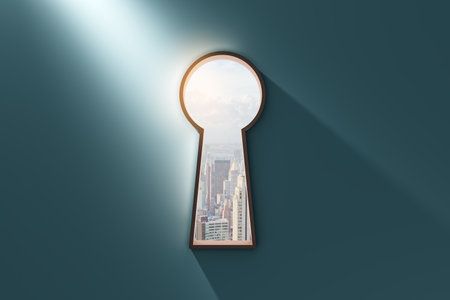 White keyhole opening with city view in blue concrete wall. Future, way and ambition concept. 3D Renderingの写真素材