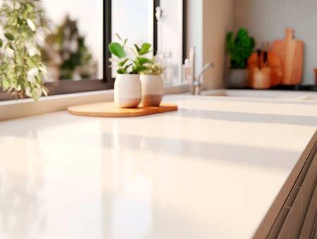 Interior of modern kitchen with white marble countertop. Blurred background. Generative AIの素材
