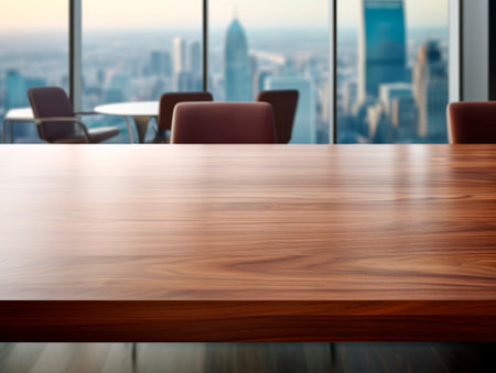 Empty wooden table and chairs in a modern meeting room with city view. Generative AIの素材