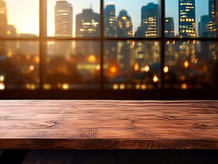 Empty wooden table and blurred view of city at night. For product presentation, mockup. Generative AIの素材