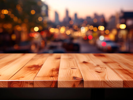 Empty wooden table for product display montages with blurred city background, mockup. Generative AIの素材