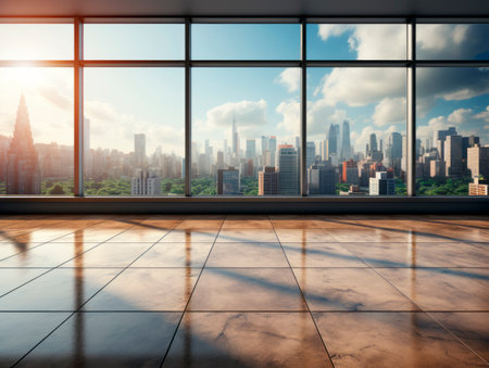 Empty room with panoramic window and city view. Generative AIの素材