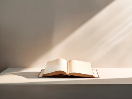 Open book on a white table with shadow from the window in sunlight. Generative AIの素材