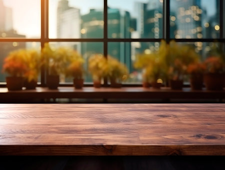 Empty wooden table and blurred view of cityscape background. For product presentation. Generative AIの素材