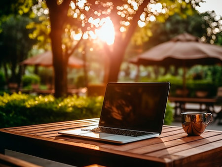 Laptop and coffee cup on wooden table in outdoor cafe with sunset light. Generative AIの素材