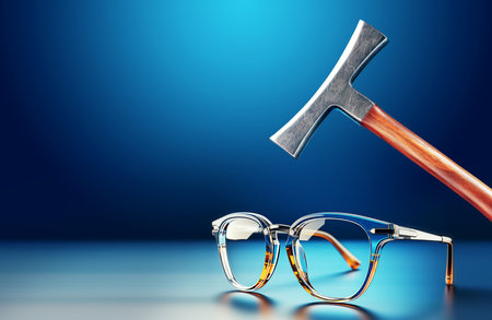 Eyeglasses and hammer on blue background. Healthy vision concept. Generative AIの素材
