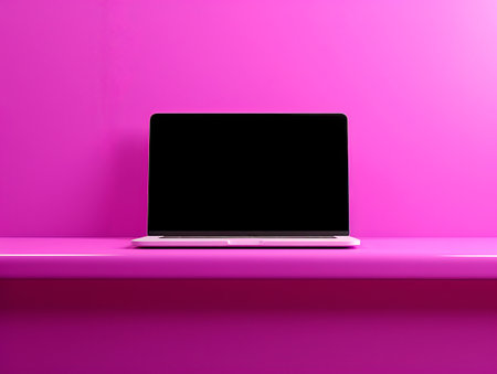 Laptop with blank screen on pink wall background. Generative AIの素材