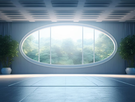 Empty room with round window. Generative AIの素材