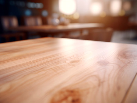 Empty wooden table in a cafe or restaurant. Blurred background. Generative AIの素材