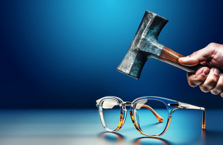 Hammer and eyeglasses on blue background. Healthy vision concept. Generative AIの素材