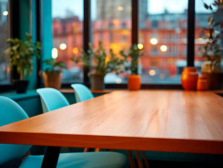 Empty wooden table and chairs in cafe. Coffee shop blur background. Generative AIの素材