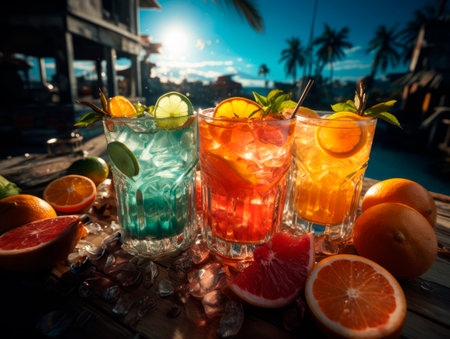 Variety of alcoholic cocktails with ice, lemon, lime, orange, grapefruit and mint on wooden table at sunset. Generative AIの素材