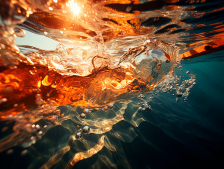 Underwater background with wave and sun rays. Generative AIの素材