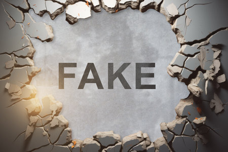 The word Fake appearing behind cracked concrete wall. 3D rendering.の素材