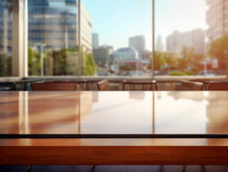 Wood Table Top And Blur Building of the Background - Business Concept. Generative AIの素材