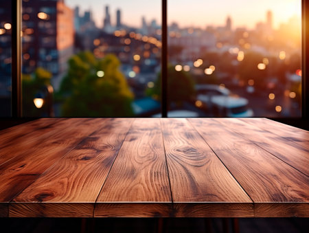 Empty wooden table for product placement or montage with city view background. Generative AIの素材
