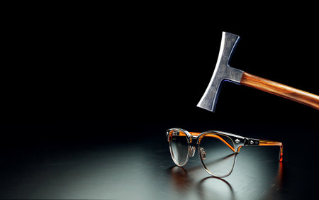 Eyeglasses and a hammer on a dark background with copy space. Healthy vision concept. Generative AIの素材