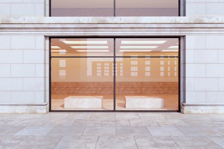 Front view of modern store building with glass door. Mockup, 3D Renderingの写真素材