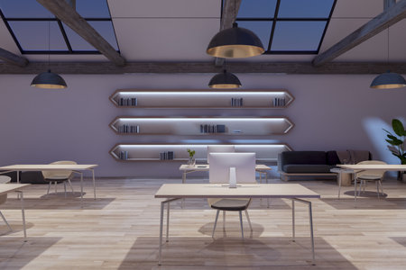 Clean loft office interior with wooden flooring, equipment, furniture and ceiling windows with night...