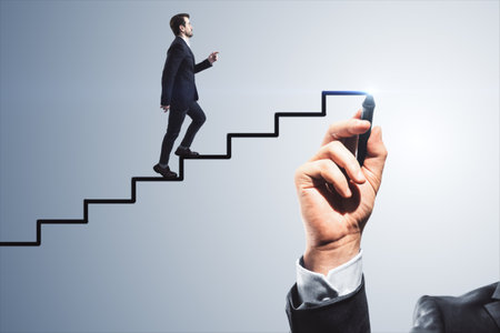 Abstract image of man climbing hand drawn stairs on light background. Teamwork, success and career development conceptの写真素材