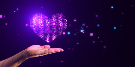Global virtual dating service concept with bright digital purple pixel heart symbol above human hand palm on abstract dark backgroundの写真素材