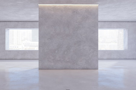 Modern concrete exhibition hall interior with blank mock up place on wall and window with city view....