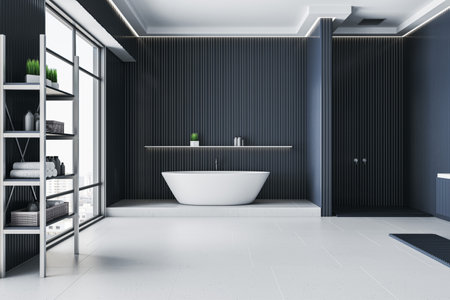 Modern blue blank bathroom interior with bathtub, furniture and other items. 3D Renderingの写真素材